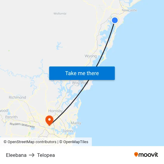 Eleebana to Telopea map
