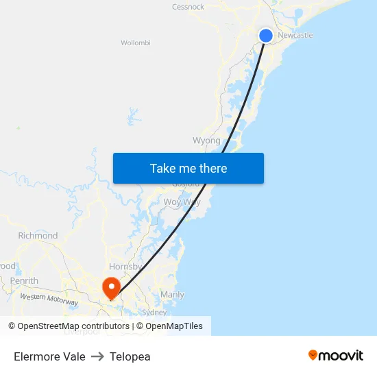 Elermore Vale to Telopea map