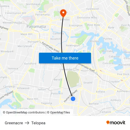 Greenacre to Telopea map