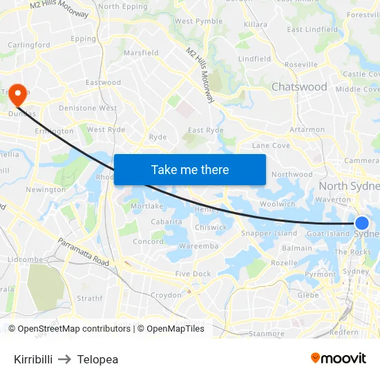 Kirribilli to Telopea map