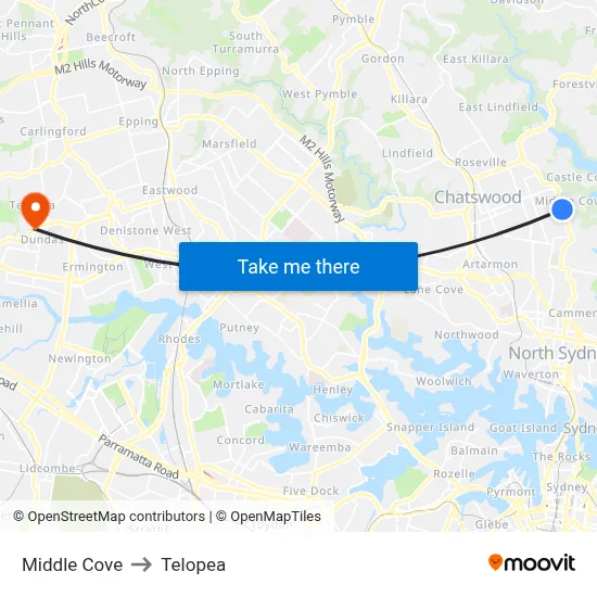 Middle Cove to Telopea map