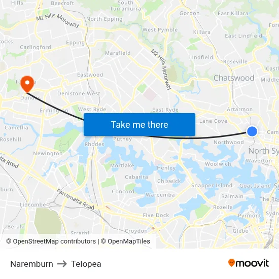 Naremburn to Telopea map