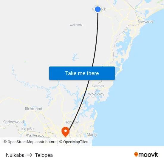 Nulkaba to Telopea map