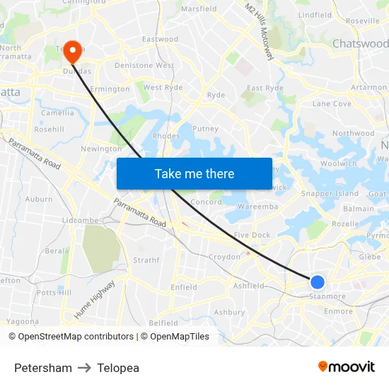 Petersham to Telopea map