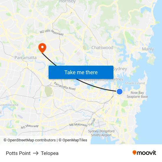Potts Point to Telopea map