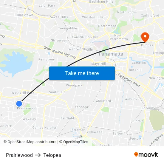 Prairiewood to Telopea map
