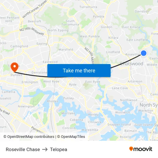 Roseville Chase to Telopea map