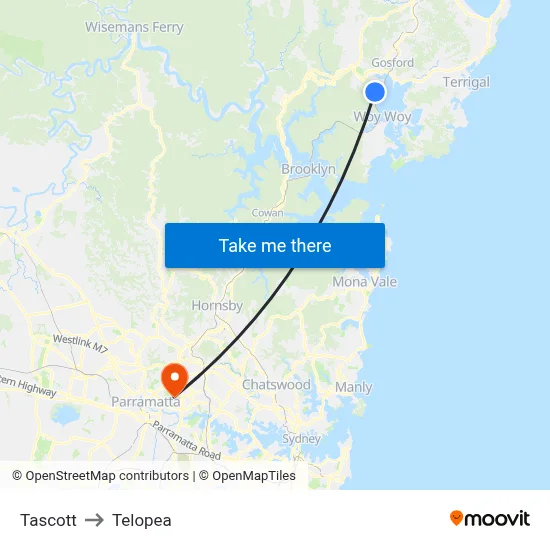 Tascott to Telopea map