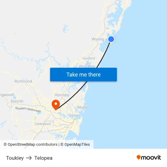 Toukley to Telopea map