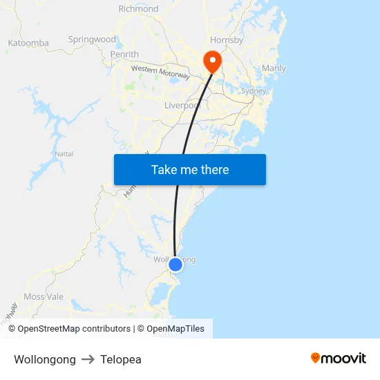 Wollongong to Telopea map