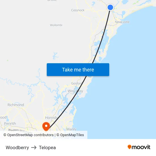 Woodberry to Telopea map