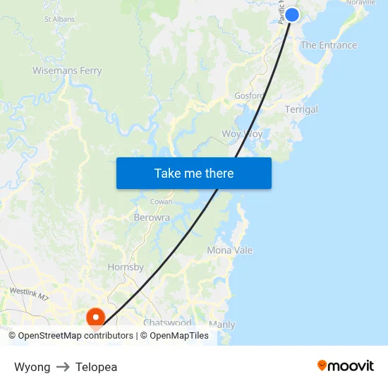 Wyong to Telopea map