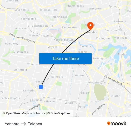Yennora to Telopea map