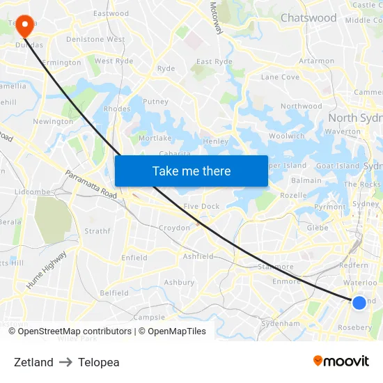 Zetland to Telopea map