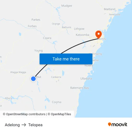 Adelong to Telopea map