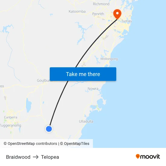 Braidwood to Telopea map