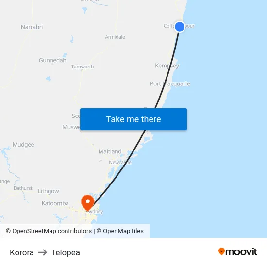 Korora to Telopea map