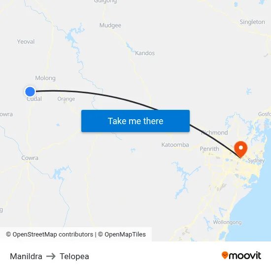 Manildra to Telopea map