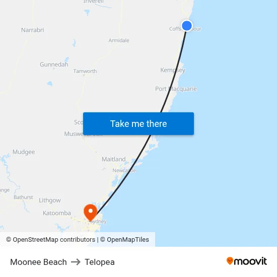 Moonee Beach to Telopea map