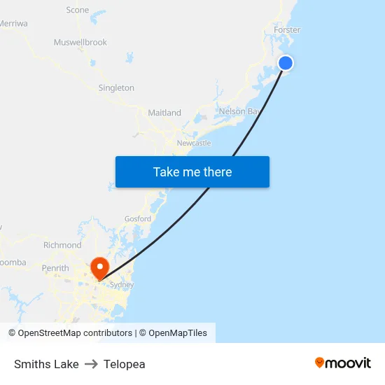 Smiths Lake to Telopea map