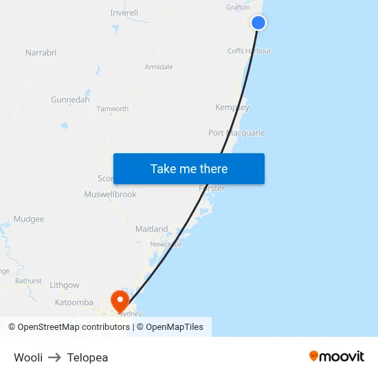 Wooli to Telopea map