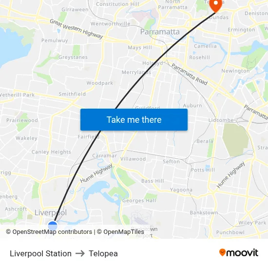 Liverpool Station to Telopea map