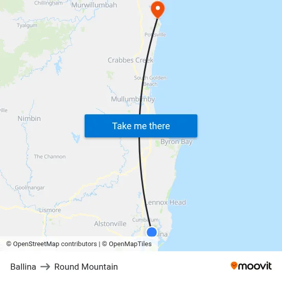 Ballina to Round Mountain map