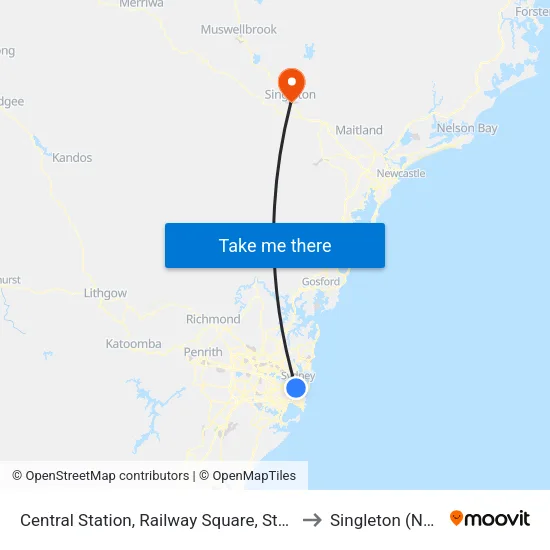 Central Station, Railway Square, Stand M to Singleton (NSW) map