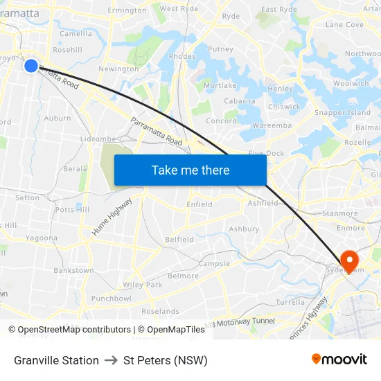 Granville Station to St Peters (NSW) map
