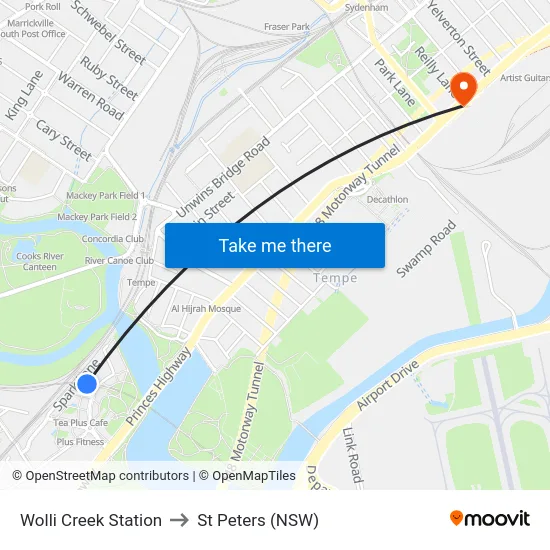 Wolli Creek Station to St Peters (NSW) map