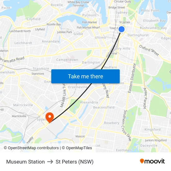 Museum Station to St Peters (NSW) map