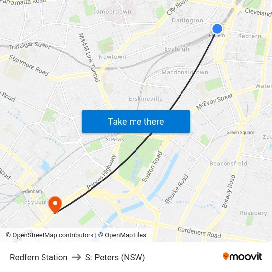 Redfern Station to St Peters (NSW) map