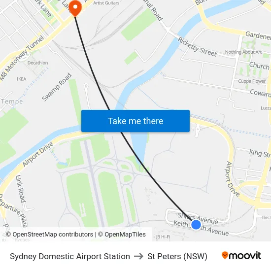 Sydney Domestic Airport Station to St Peters (NSW) map