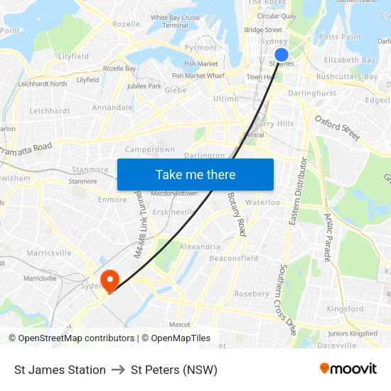 St James Station to St Peters (NSW) map