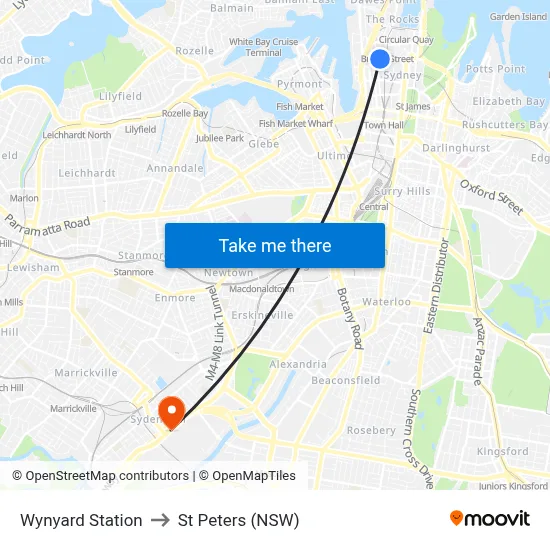 Wynyard Station to St Peters (NSW) map