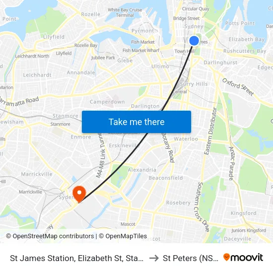 St James Station, Elizabeth St, Stand A to St Peters (NSW) map