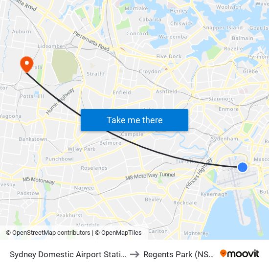 Sydney Domestic Airport Station to Regents Park (NSW) map
