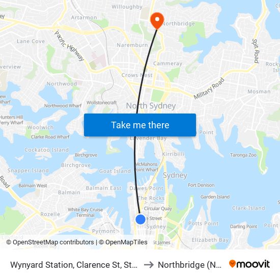 Wynyard Station, Clarence St, Stand S to Northbridge (NSW) map