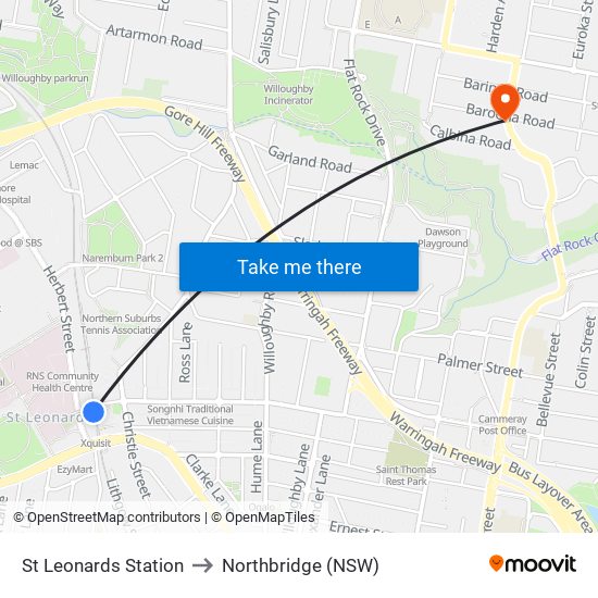 St Leonards Station to Northbridge (NSW) map