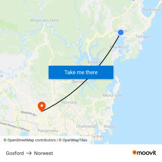 Gosford to Norwest map
