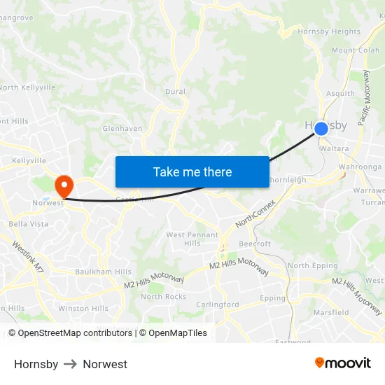 Hornsby to Norwest map