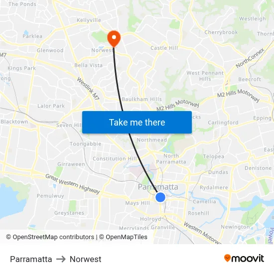 Parramatta to Norwest map