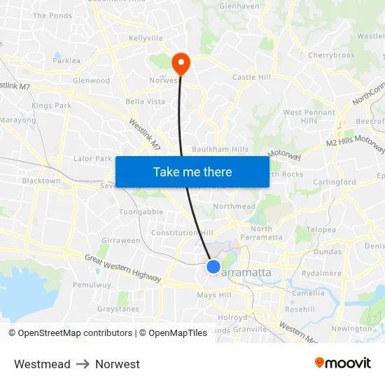 Westmead to Norwest map