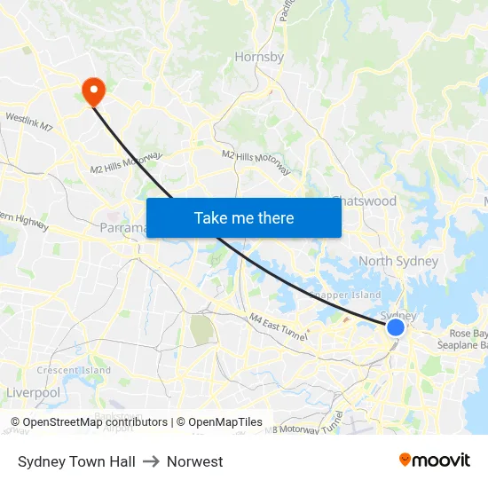Sydney Town Hall to Norwest map