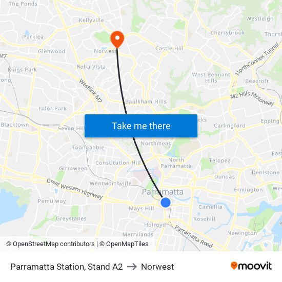 Parramatta Station, Stand A2 to Norwest map