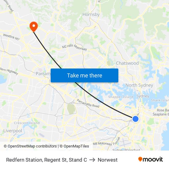 Redfern Station, Regent St, Stand C to Norwest map