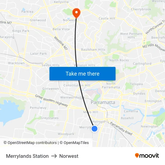 Merrylands Station to Norwest map