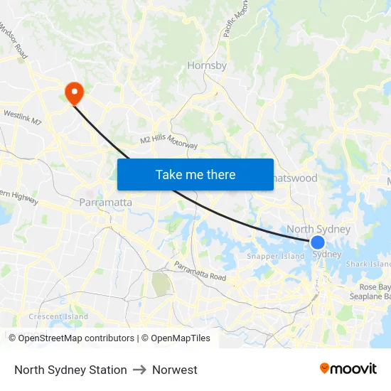 North Sydney Station to Norwest map