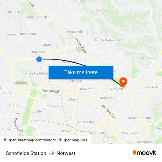 Schofields Station to Norwest map