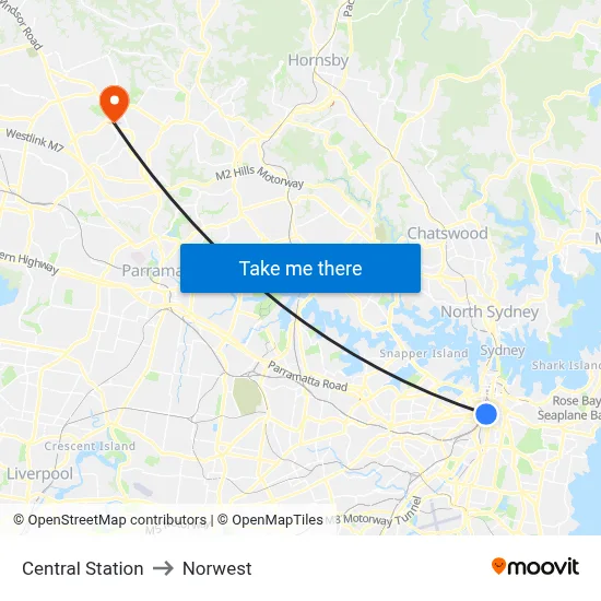 Central Station to Norwest map